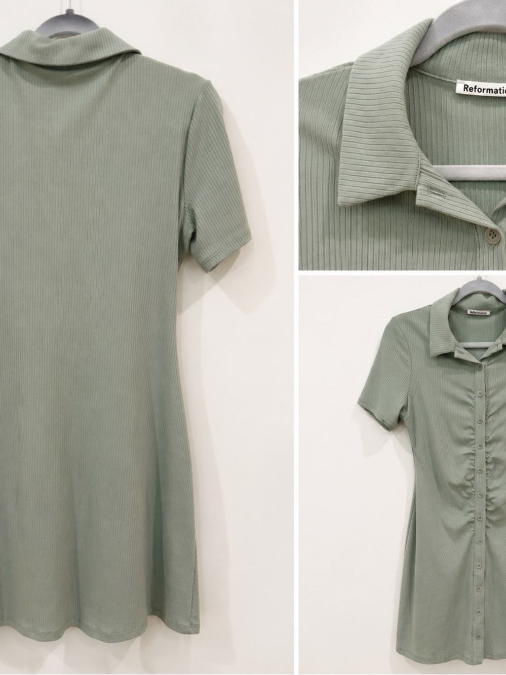 Reformation Sage Green Ribbed Ruched Button Front Mini Dress - Picture 2 of 2